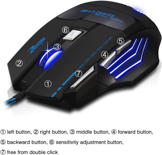 Gaming Muis met 7 Knoppen en 7200 DPI - Bedrade Ergonomische Muis voor ...