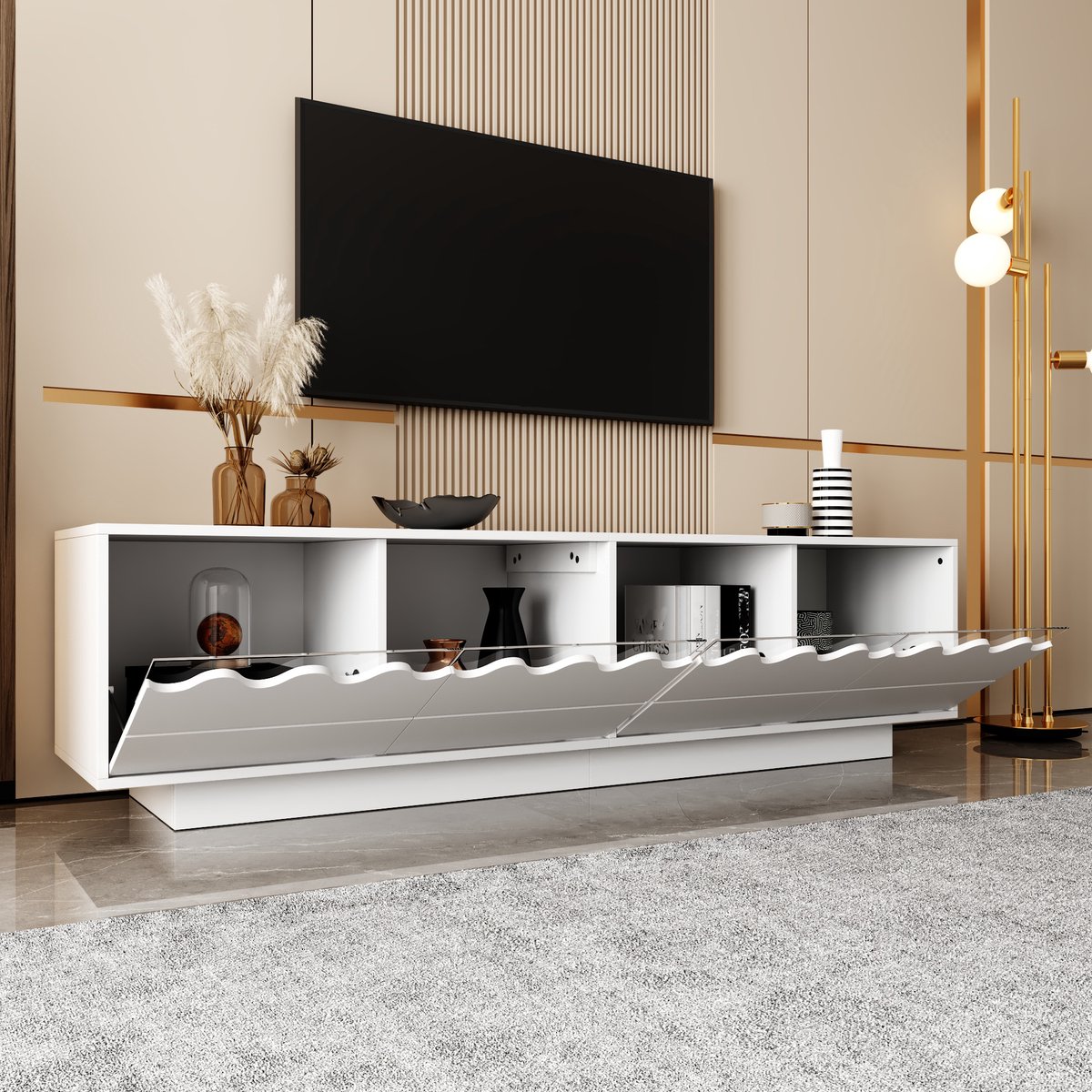 Merax Moderne tv-meubel 170x40x45 cm - vierdeurs golfdesign - geschikt voor de woonkamer Wit