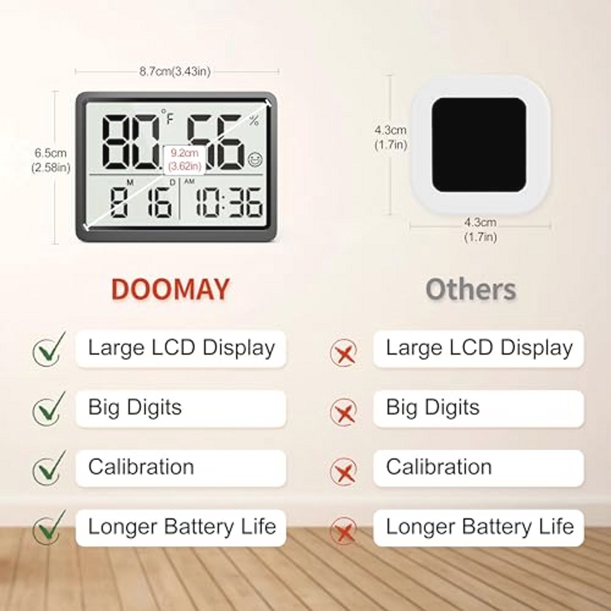 Digitale thermometer en hygrometer voor binnen met grote LCD-cijfers