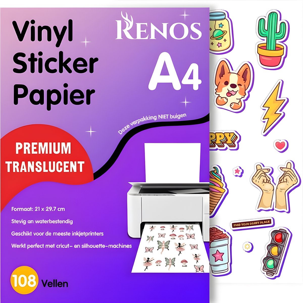 108 Translucent Vinyl Stickervellen A4 – Waterbestendig Stickerpapier voor Inkjet & Laser Printer - Geschikt voor Snijmachines