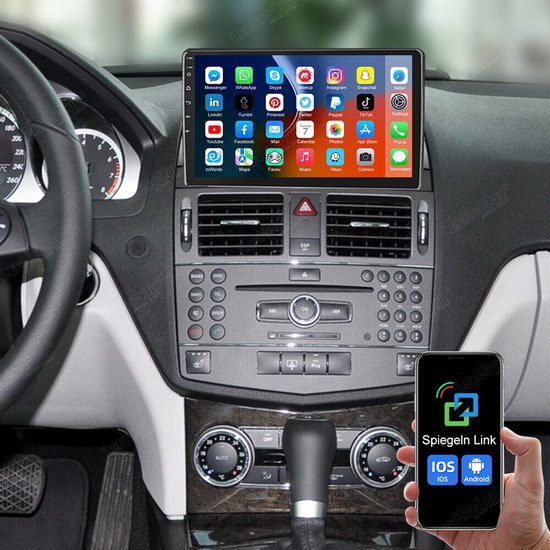 Autoradio - 9-inch Android 15 GPS-navigatie, compatibel met Mercedes W204 2006-2011 met CarPlay en Android Auto-functionaliteit, 2+32G + vierlichtscamera + microfoon + reparatiegereedschap