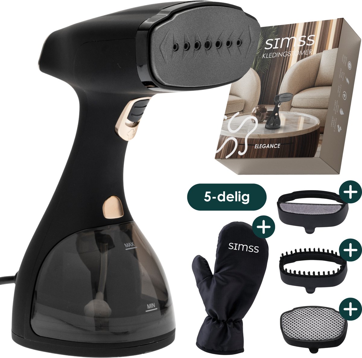 Simss - Kledingstomer - Krachtige Handstomer voor Kleding en Meubilair - Stoomapparaat met 3 Opzetborstels - Snelle opwarmtijd - Inclusief Warmtebestendige Handschoen - 1500W - 300ml - Steamer - Elegant design - Mat - Zwart