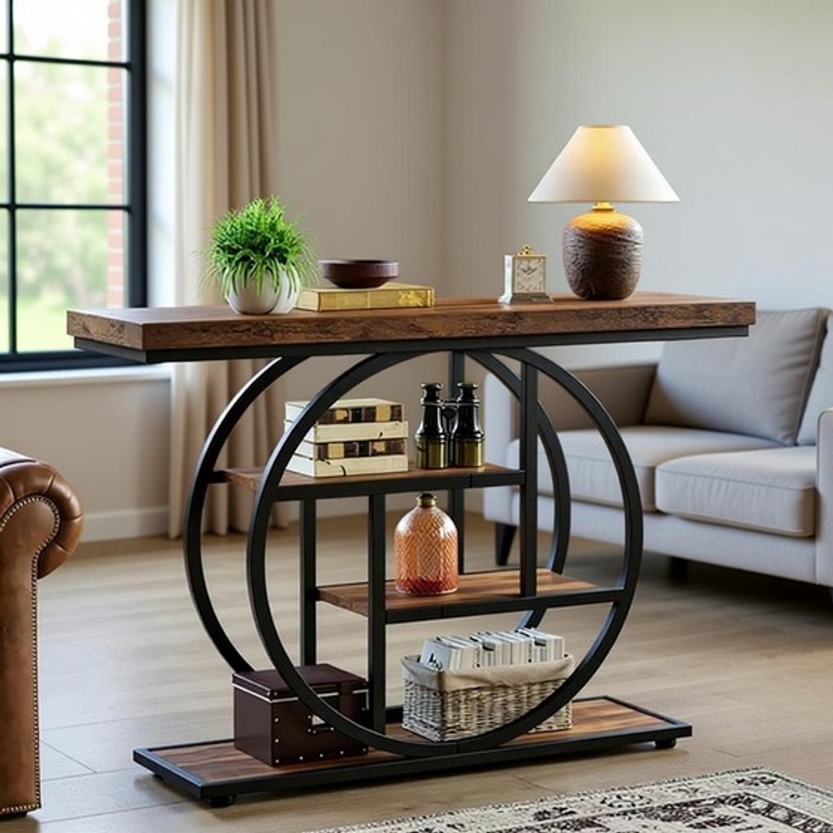 Sidetable / Console Table Industrieel – 105 cm Smalle 4-Laags Sofa Tafel met Opbergruimte – Cirkelvormige Basis – Woonkamer, Hal & Entree – Rustiek Bruin – House&Garden