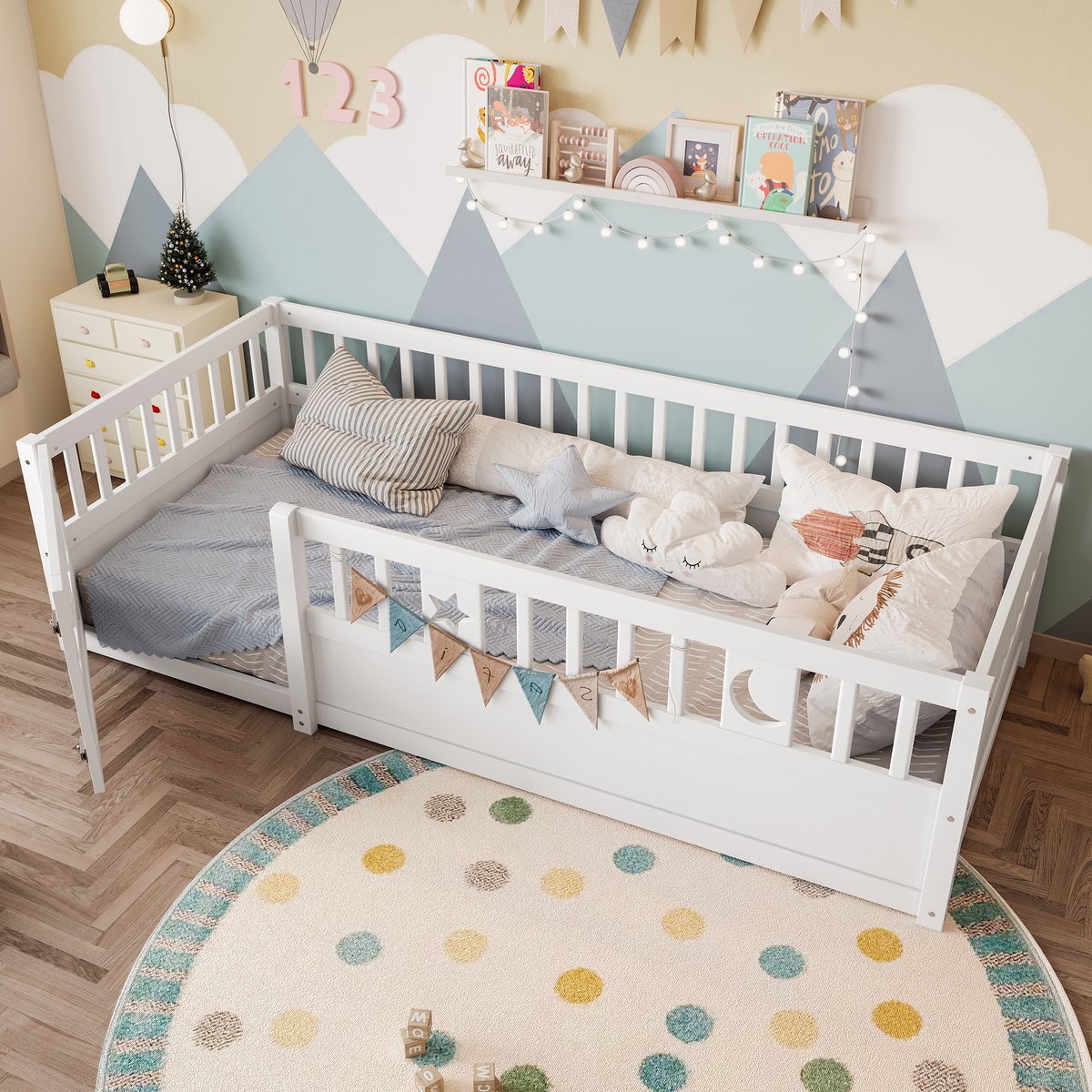 STILVORA Kinderbed 90x190 cm – Paneelbed met Ster- & Maandecoratie – Veiligheidshek met Sluitslot 48 cm – Voor Kinderkamer – Grenen – Wit – Zonder matras