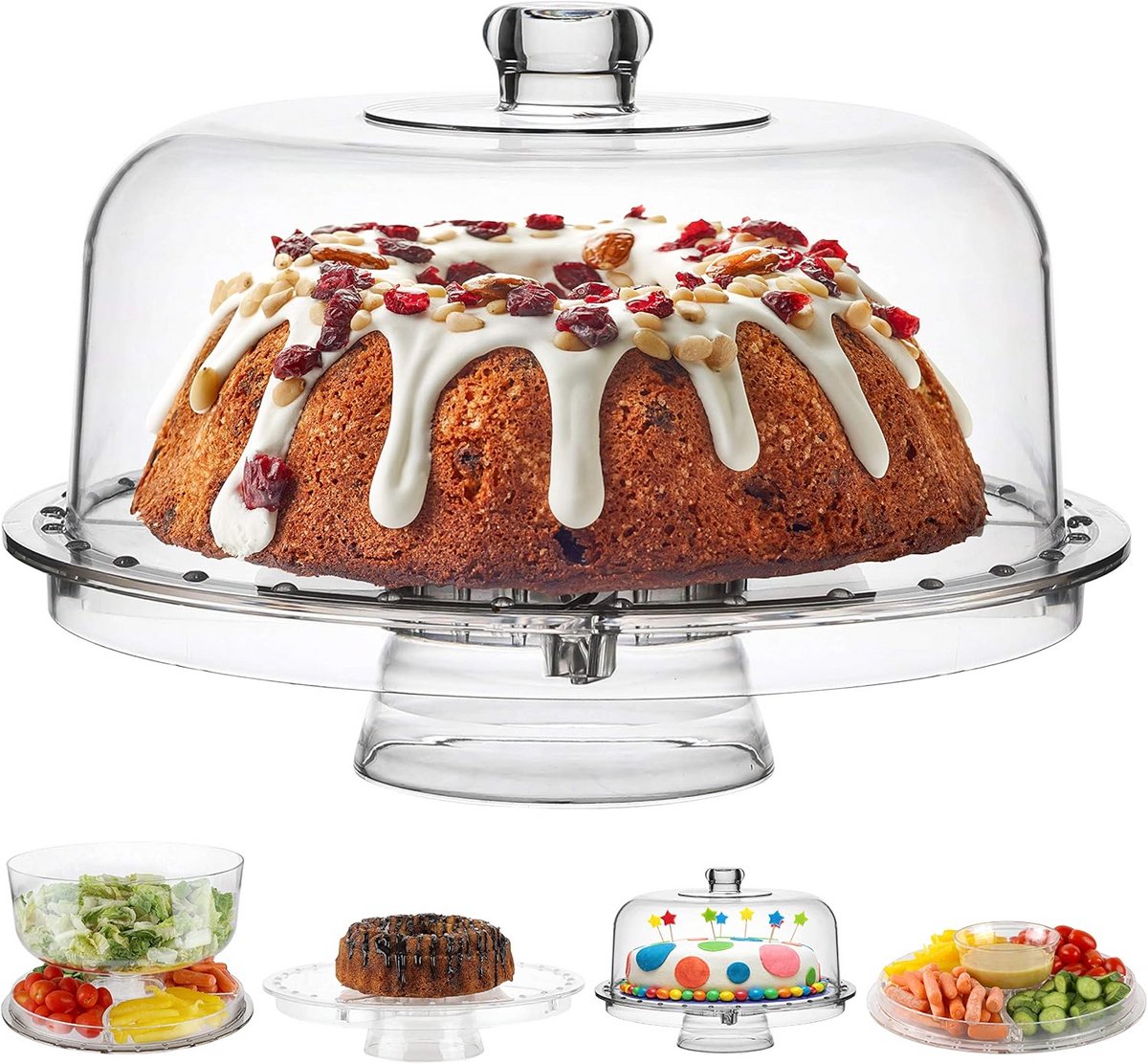Multifunctionele Taartstolp met Deksel (6-in-1) - Serveerschaal, Saladekom en Punch Bowl