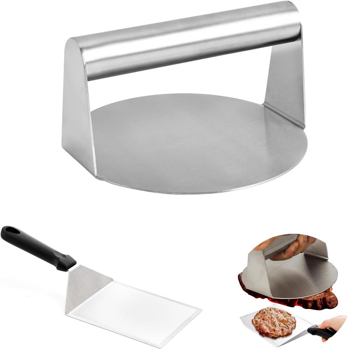 Ronde Hamburgerpers 304 RVS met Grillspatel voor Hamburgers, Steaks en Panini's - Multifunctioneel Keukengereedschap voor Grill en Pan