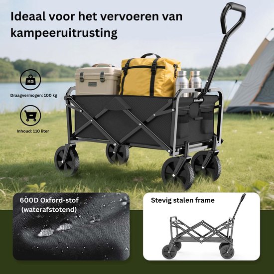 SNJY® Bolderkar Opvouwbaar - Strandkar - Boodschappenkar - Tot 100 KG - 50D x 102B x 114,5H cm - Zwart van Merkloos — afbeelding 3