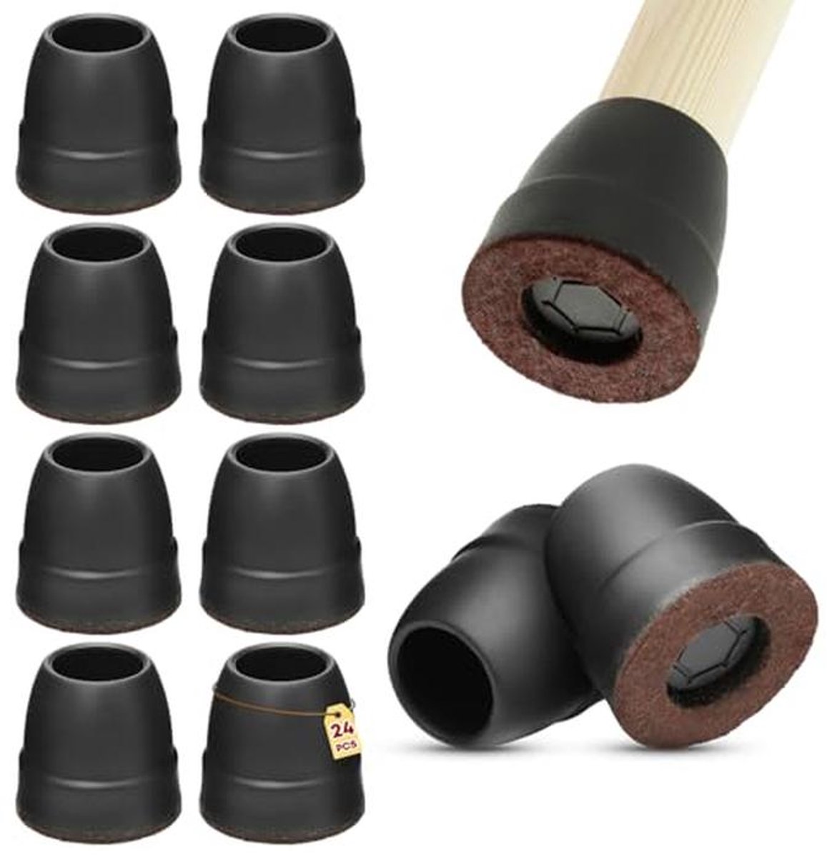 Antislip en Geluidsdempend Stoelpootdoppen 16 mm - 25 mm - Zwarte Siliconen met Vilt voor Vloerbescherming