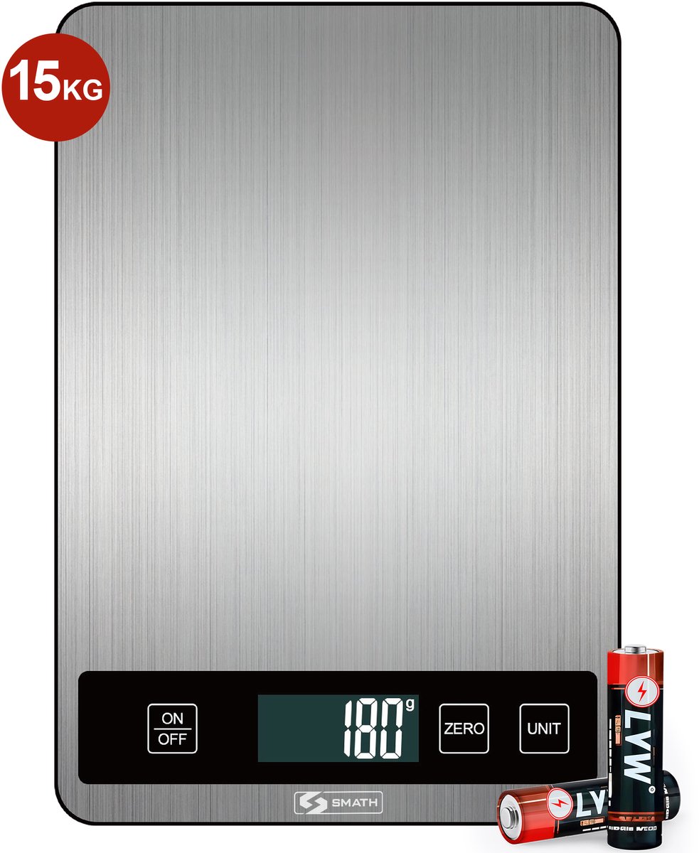 Smath® Keukenweegschaal Digitaal - Precisie Weegschaal Keuken - 1gr Nauwkeurig - 15kg Capaciteit - Tarra Functie - LED Display - RVS Zilver - Incl. Batterijen