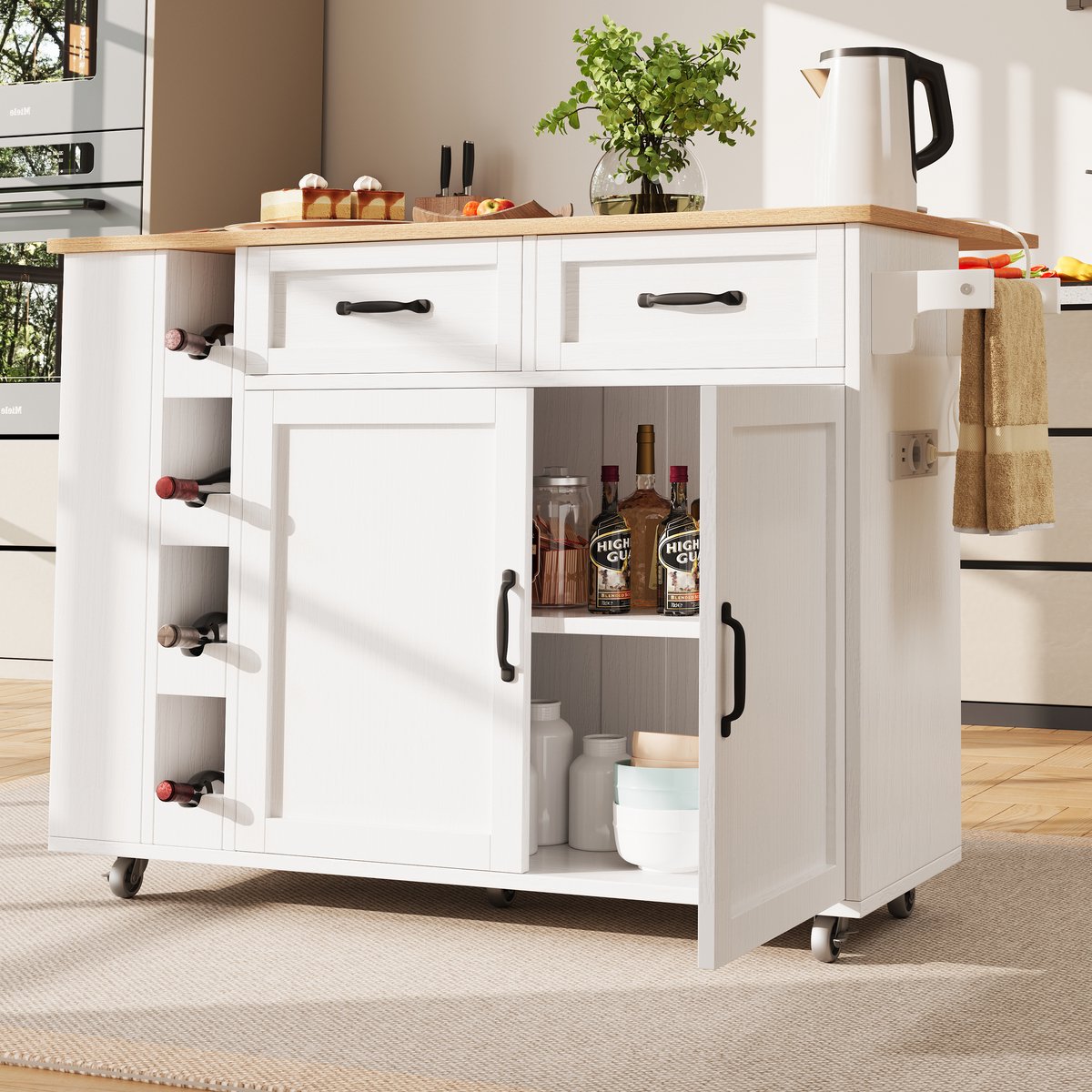 STILVORA Keukeneiland - Keukenwagen Met Uitklapbaar Tafelblad En Stopcontacten - 2 Laden 6 Vakjes - MDF;Metaal - 131.5x43x90.7 cm - Wit+Lichtbruin