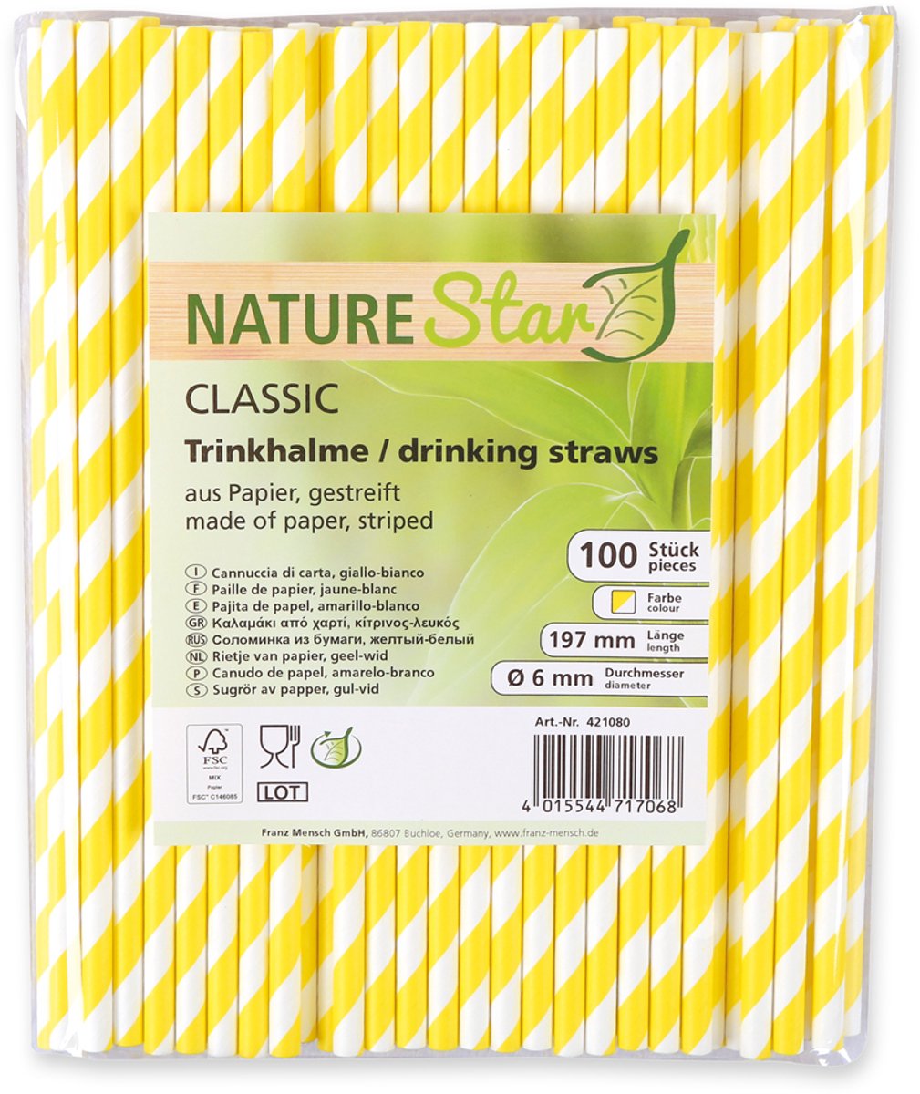 NATURE Star papieren rietjes classic gestreept geel/wit 197mm