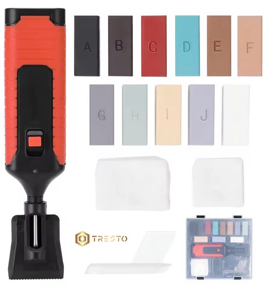 Reparatieset met oranje/zwarte smeltpen, 11 gekleurde waxstaven (A-J), 2 witte doekjes, een schraper en opbergkoffer.