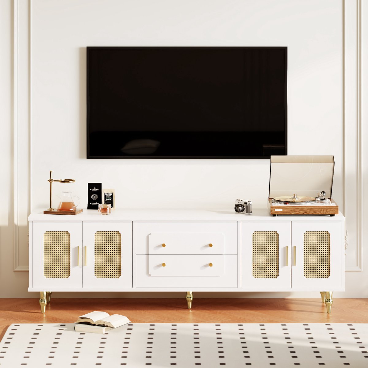 MODFU TV-meubel 175 x 38 x 55,5 cm van spaanplaat, met rattan deuren en laden, wit, met gouden greep en poten, modern
