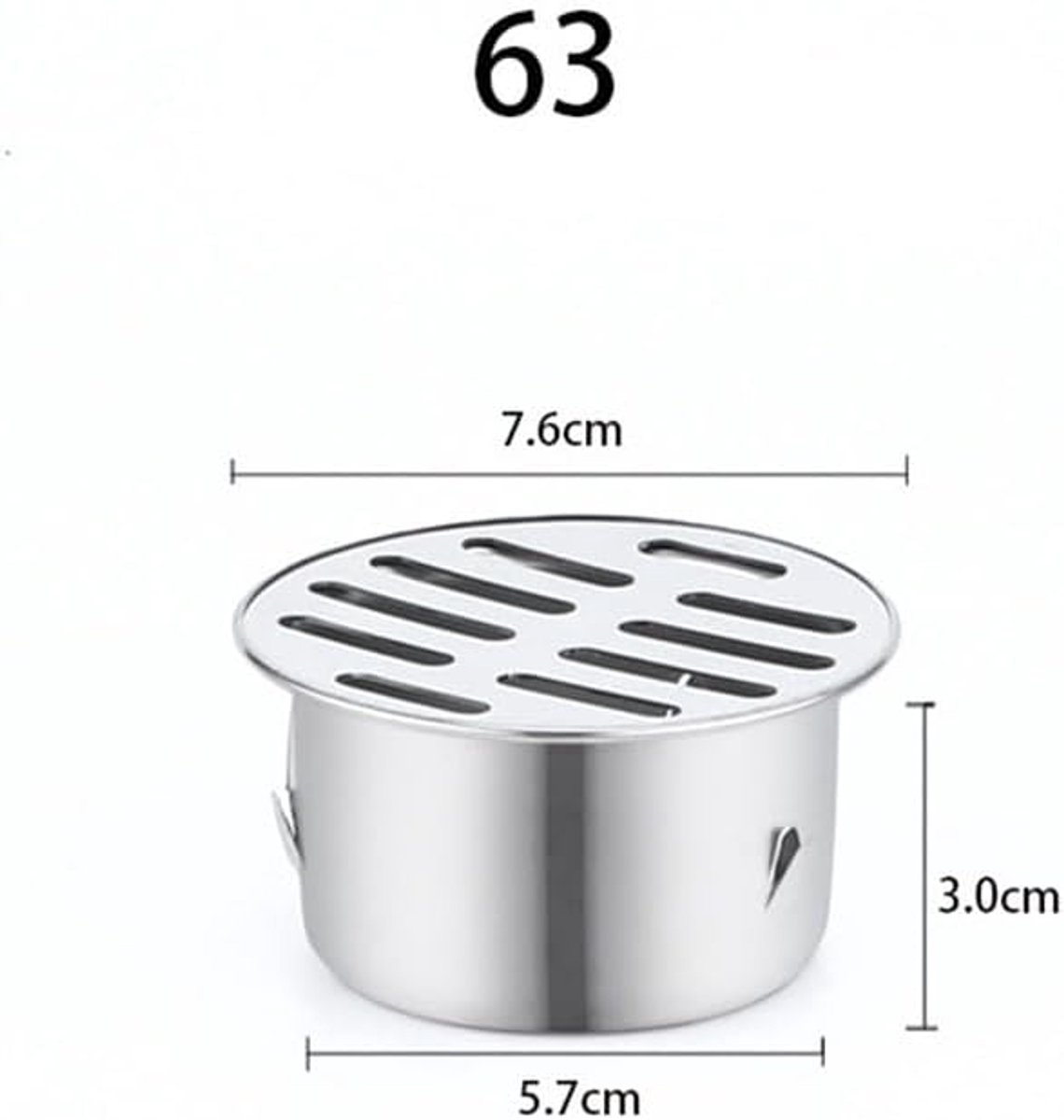 Ronde, vrijstaande sifonafvoer van roestvrij staal met lekbak en anti-verstoppingsfilter, geschikt voor balkons, terrassen, dakterrassen, patio's en tuinen (diameter 63 mm).