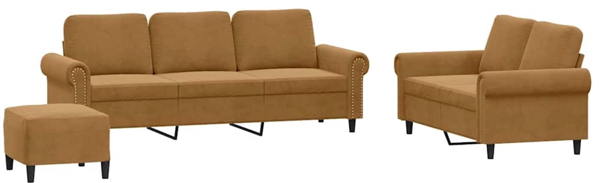 vidaXL - 3-delige - Loungeset - met - kussens - fluweel - bruin