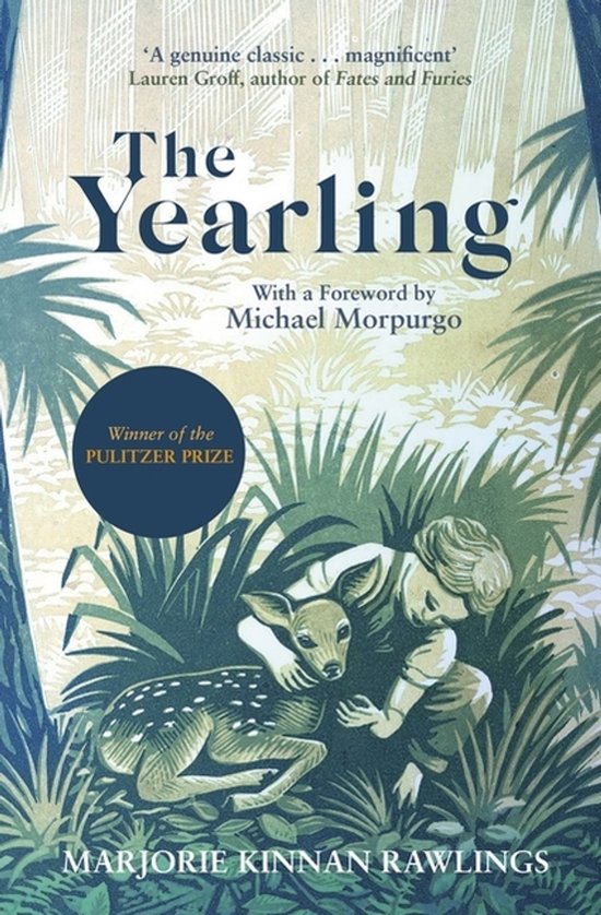 Boekcover 'The Yearling' met een jongen en een hertje in een bosrijke omgeving. Winnaar Pulitzerprijs.