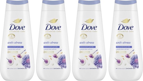 Vier flessen Dove douchecrème anti-stress met kamille en havermelk. 24 uur hydratatie, 0% sulfaat SLES.