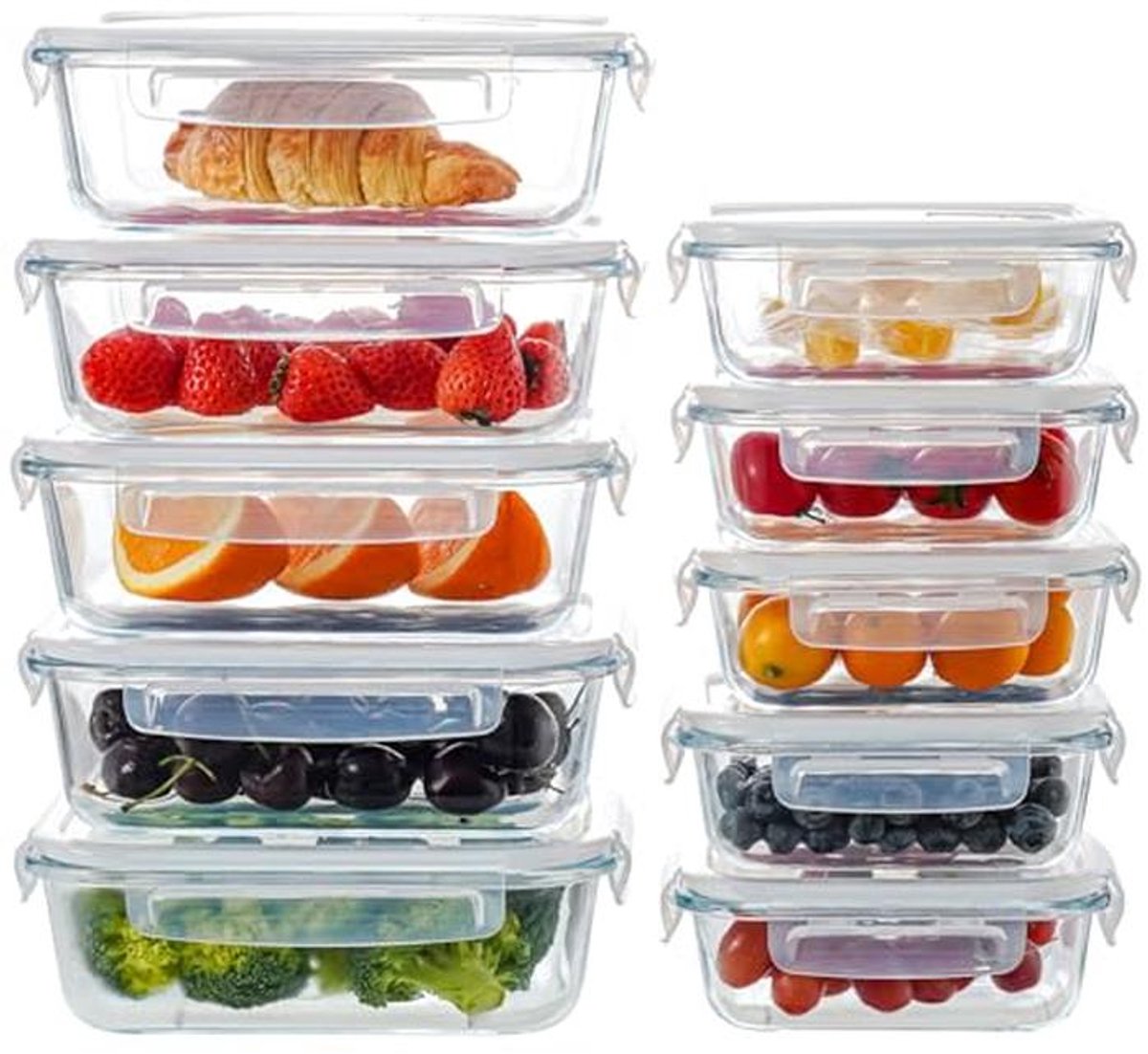 Set van 10 Hoge Borosilicaat Glazen Voedselopslagcontainers met Ventilatiedeksels - Luchtdichte Maaltijdbereidingscontainers voor Magnetron en Vriezer