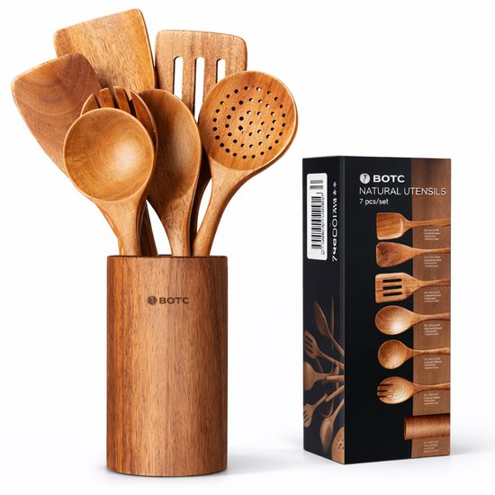 Ensemble d'ustensiles de cuisine BOTC 8 pièces - Avec support - Ensemble de support d'ustensiles de cuisine - Set Batterie de cuisine en bois - Spatule en bois