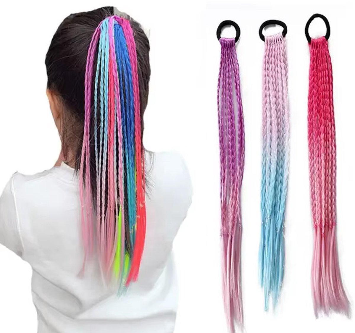 Set van 3 Kinder Haarextensies met Elastiek – Kids Hairextensions – Nep haar voor vlechten -45 cm – 8 Vlechtjes per Elastiek – Kleurrijke Strengen van Synthetisch Haar (Rood/Roze, Paars/Roze, Roze/Blauw)