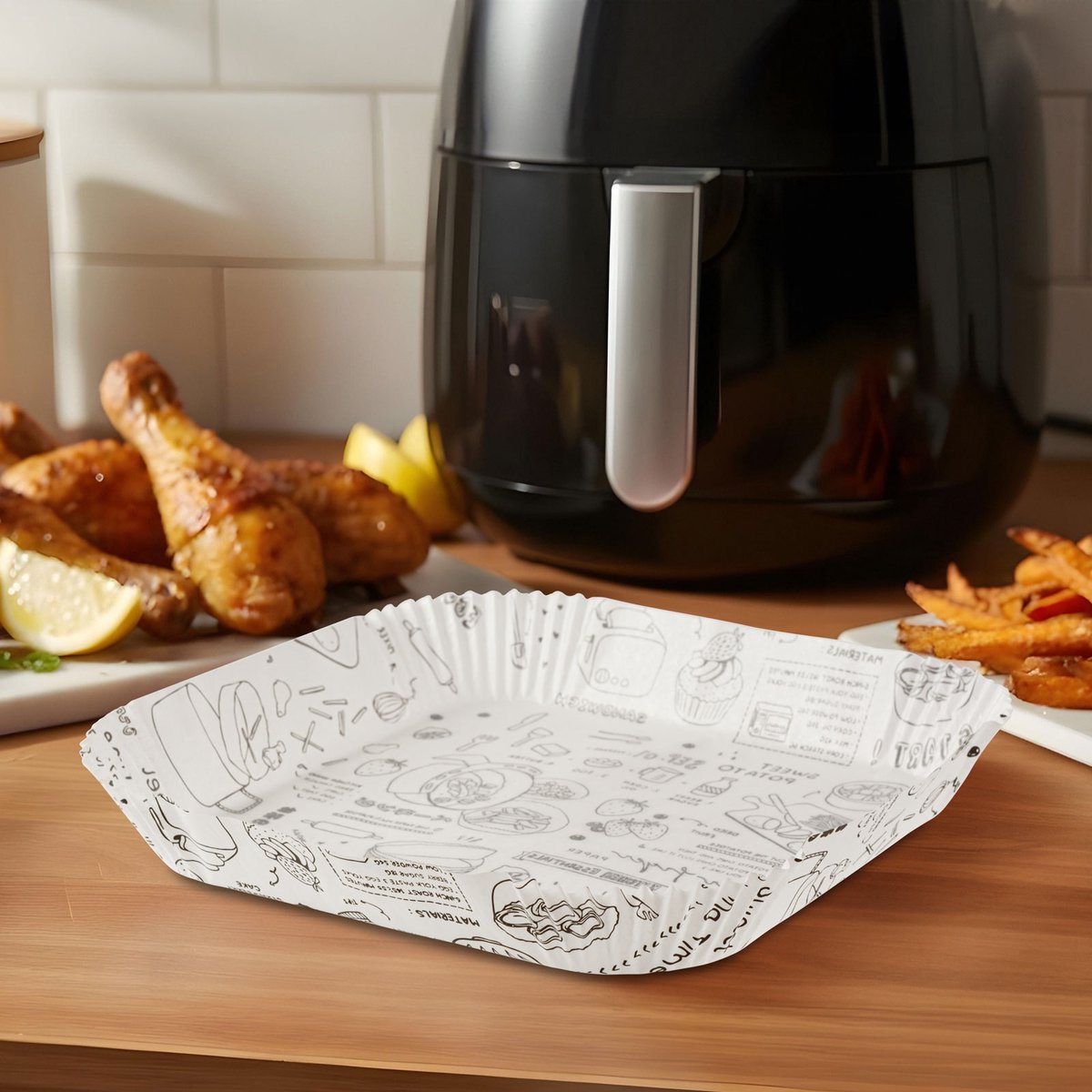 Airfryer Bakpapier Vierkant Met Patroon – Voor Olievrij Koken – Anti Aanbak Parchment Papier – 23 X 26 Cm – 50 Stuks – Hittebestendig Tot 220 °C – Geschikt Voor Airfryer Oven En Magnetron – Wegwerp Gebruik 1 Stuks [BW1031B]