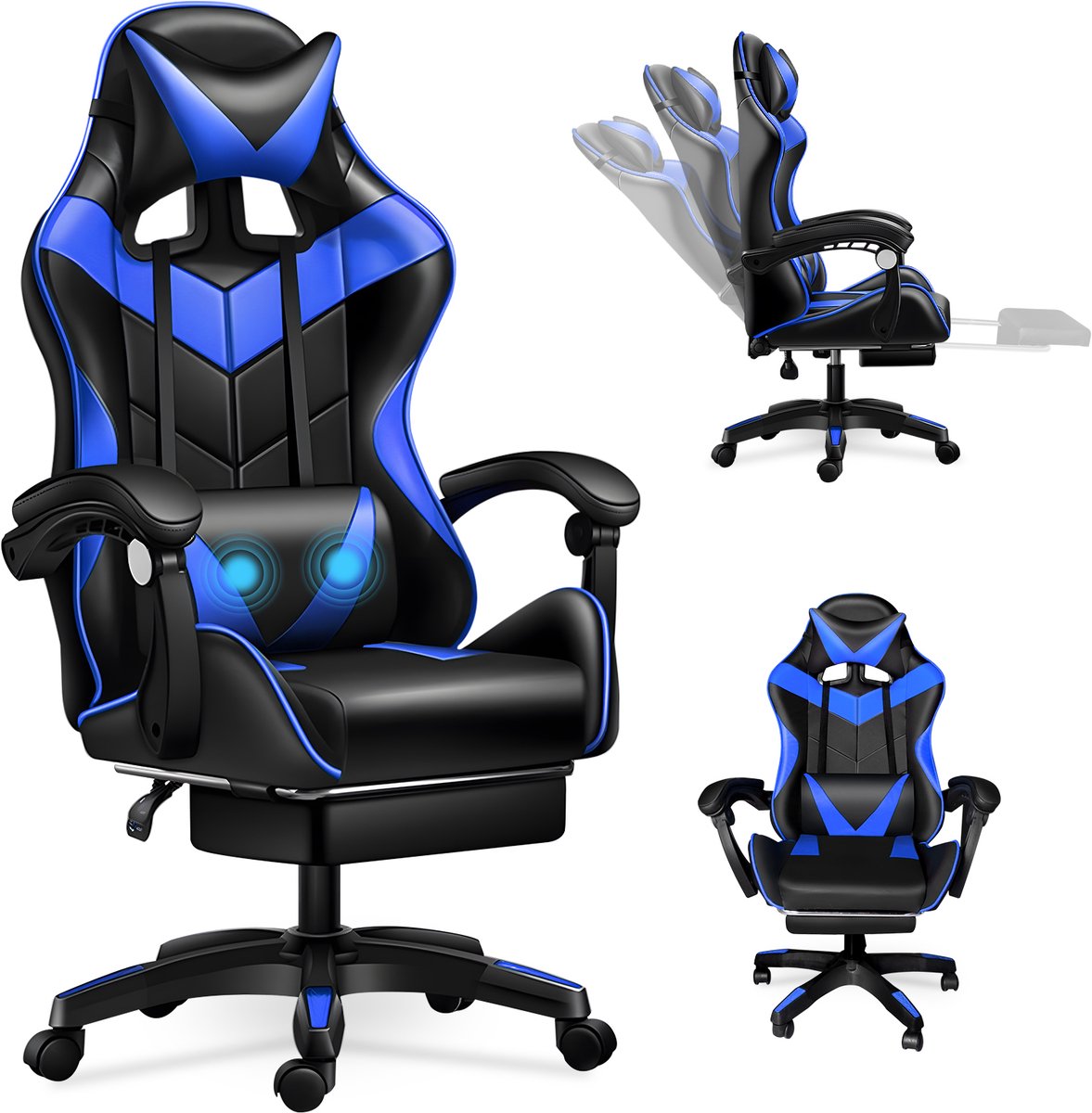 Ergonomische Gaming Stoel met Masserend Lendekussen-Voetsteun-Verstelbare Hoogte en Rugleuningkanteling- Belastbaar tot 150 kg-Blauw