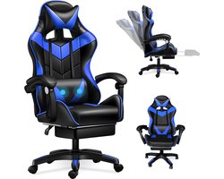 Ergonomische Gaming Stoel met Masserend Lendekussen-Voetsteun-Verstelbare Hoogte en Rugleuningkanteling- Belastbaar tot 150 kg-Blauw