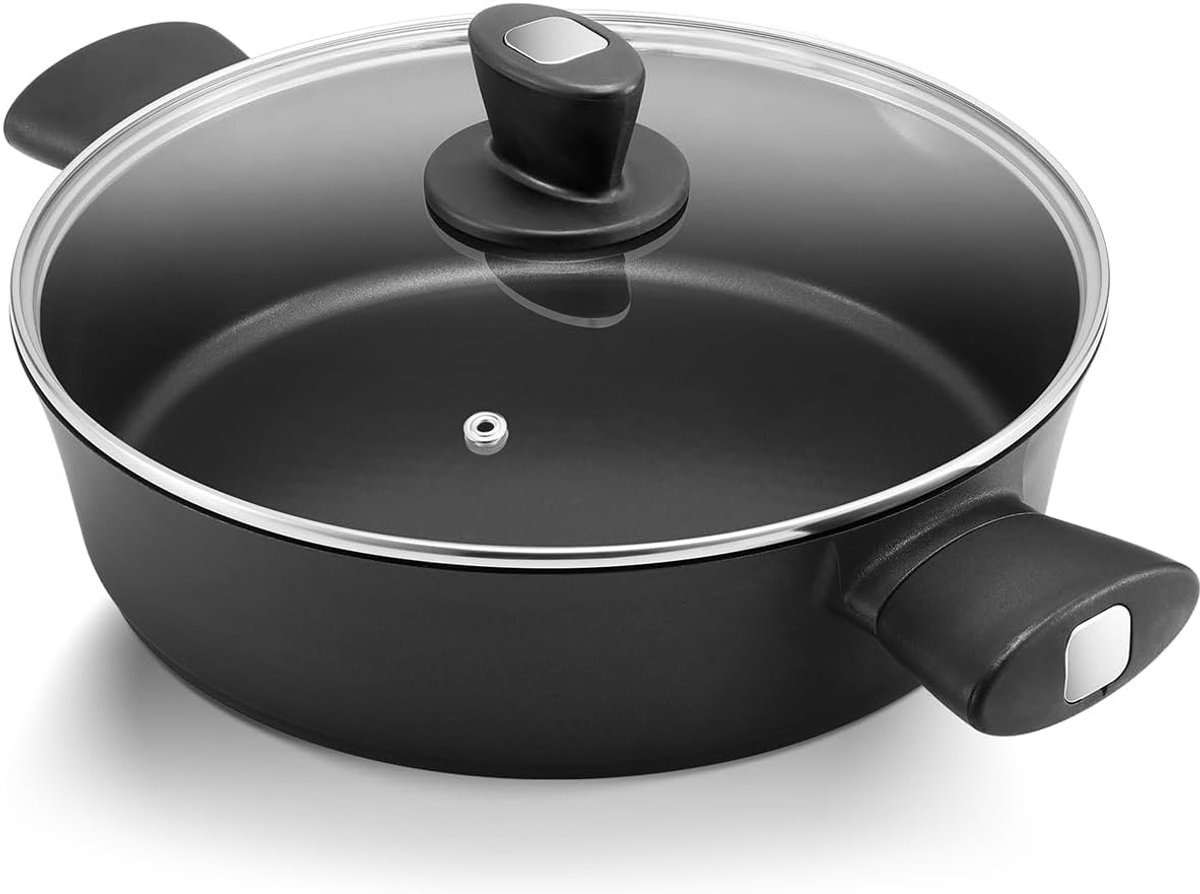 Koekenpan, inductie met deksel, stoofpan, serveerpan met hoge rand, kookpan 28 cm/3,8 l, met anti-verbrandingshandgrepen, antiaanbaklaag, voor braden, roeren en stoven