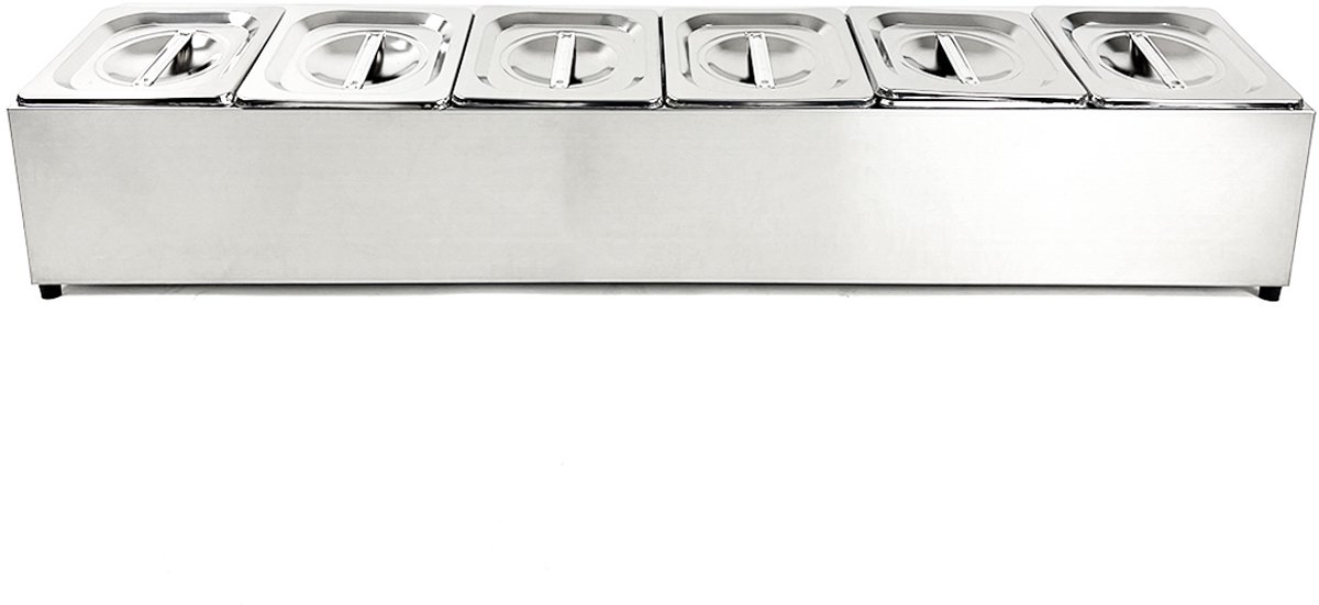HCB® - Professionele Horeca Bakhouder - 6 x 1/6 GN - deksel - RVS / INOX - Incl. gastronorm bakken - Gastronormbak - 22.5x99.5x20 cm (DxBxH) - 4 kg - 8679