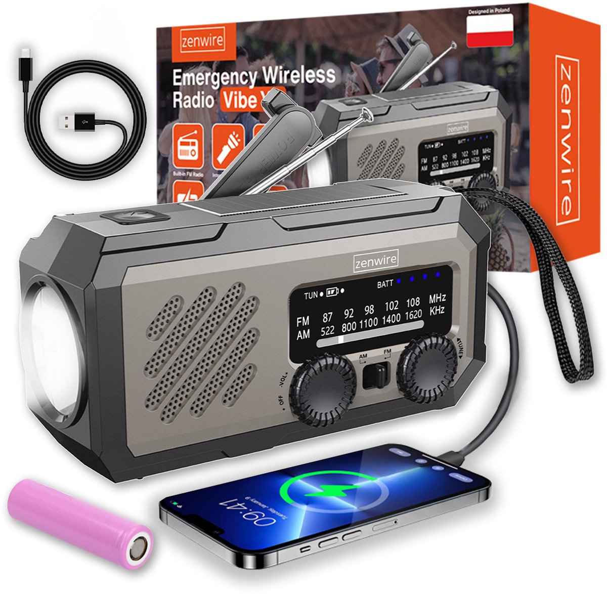 Zenwire Vibe Y2 Noodradio FM/AM – Draagbaar Alarmradio – Zonnepaneel – Handzwengel – USB-C – Powerbank 2000 mAh – LED-Zaklamp – Telescopische Antenne – IPX3 Spatwaterdicht