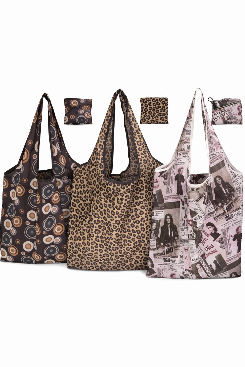 3 stuks bruine Opvouwbare Polyester Boodschappentas Shopper 40x60 cm – Duurzame Herbruikbare Tas Lichtgewicht met 3 verschillende prints — cadeau in Cadeau-ideeën - foto 2
