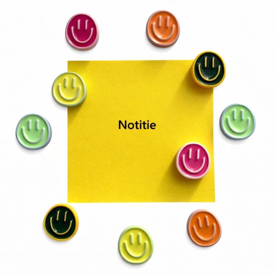 Tien ronde, platte 3D smiley-magneten in geel, groen, roze, oranje en donkergroen rond een gele post-it.