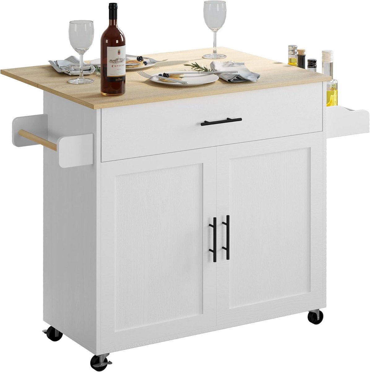 Verrijdbare Keukeneiland Tafel met Opbergruimte, Lade en Druppelblad
