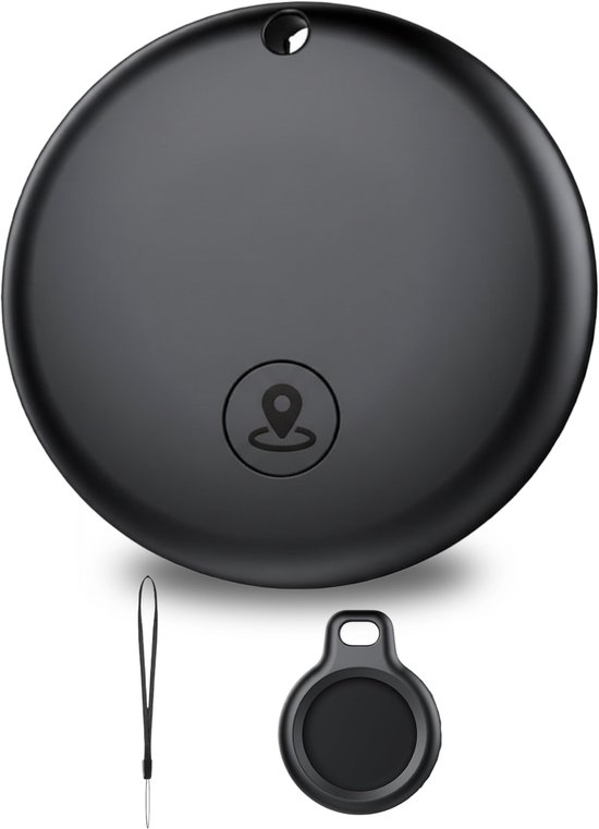 Zwarte ronde Buzzy tracker met houder en polsbandje.