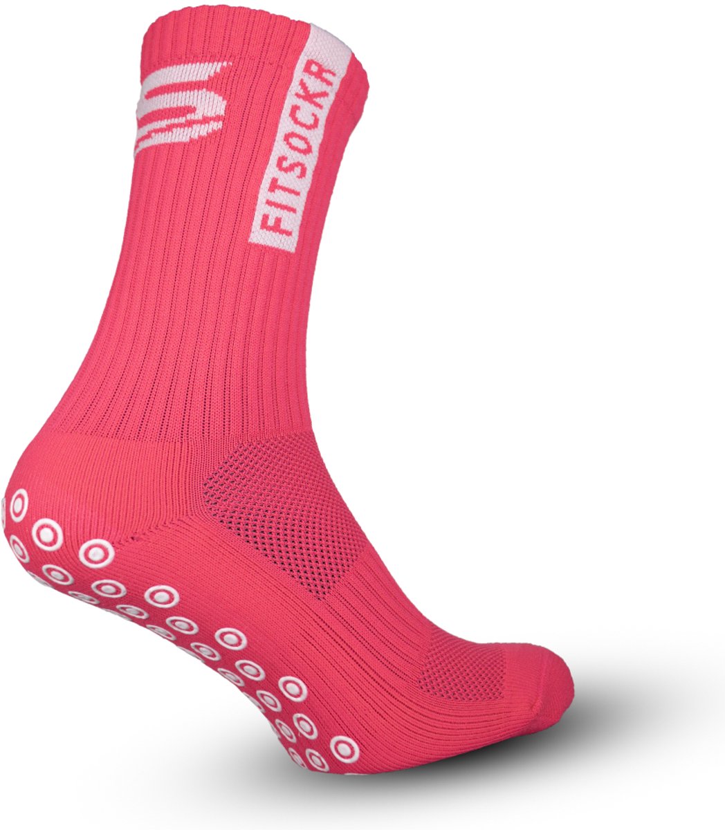 Roze FitSockr gripsokken voor voetbal, maat 38-43, met antislipzool voor extra grip en stabiliteit.