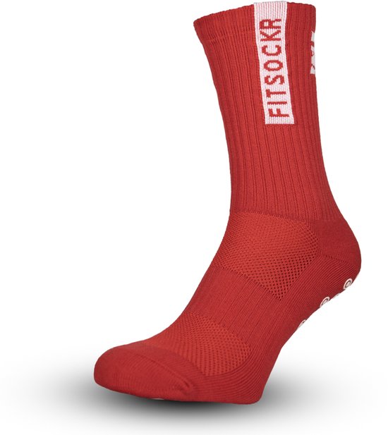 Rode sportsok met witte 'FitSockr' opdruk op de kuit.