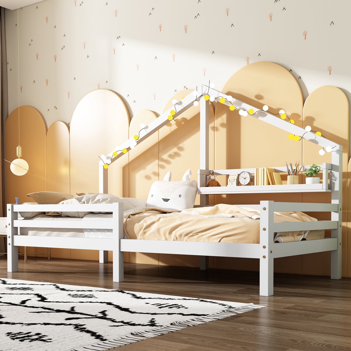 HAUSS SPOLE Huisbed 90x200cm - Kinderbed Met Boekenplank En Hekje - Met Opbergruimte Achterzijde - Voor Slaap En Speelkamer - Grenenhout - Wit - Zonder matras