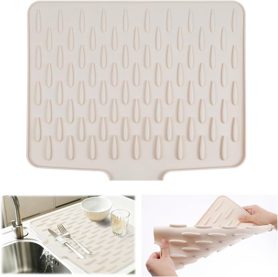 Crèmekleurige siliconen afdruipmat van 40x32.5 cm, met antislip noppen en afvoerrand.