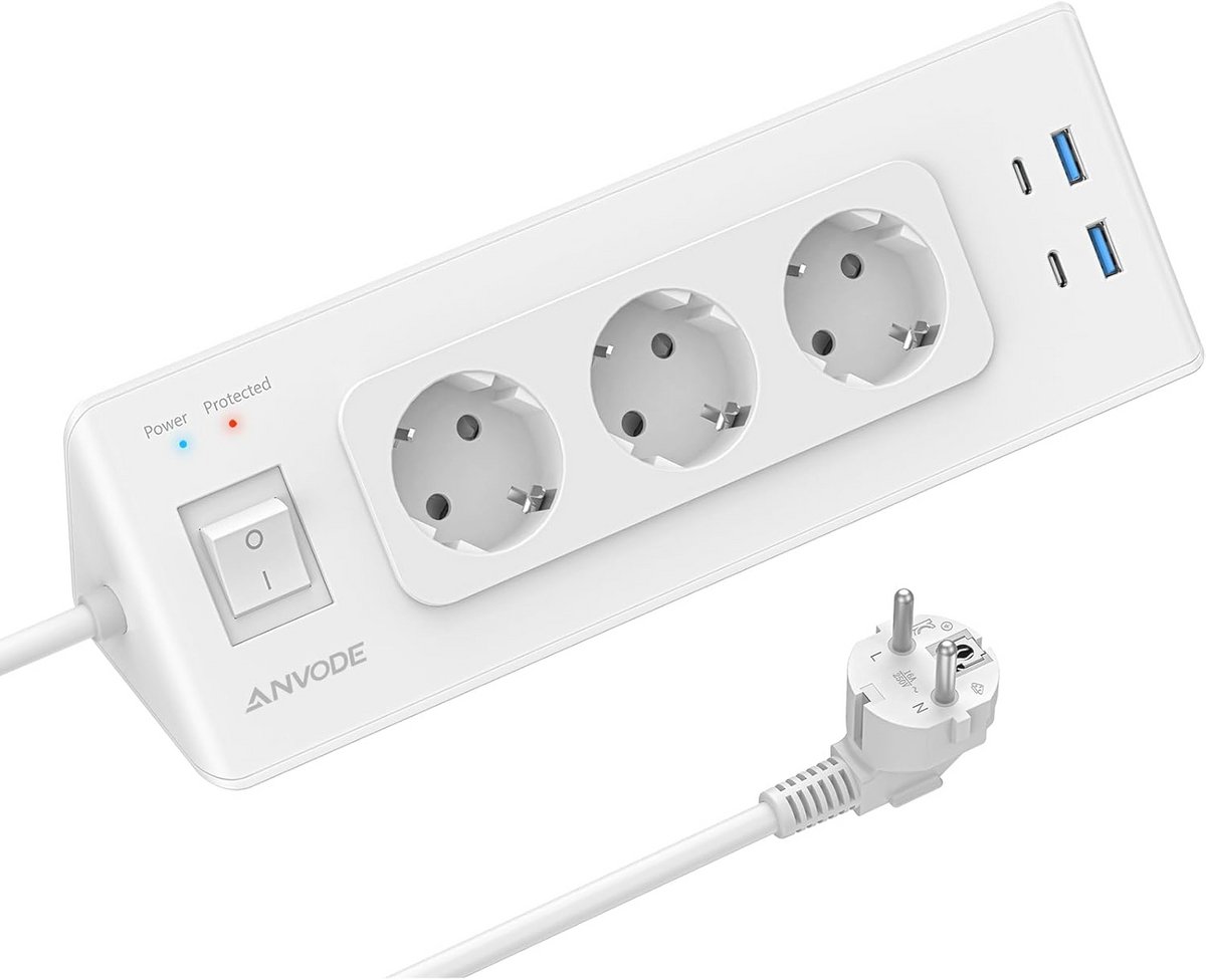Hoekstopcontact met USB en Type-C poorten - 3-voudige hoekstekkerdoos met schakelaar en overbelastingsbeveiliging