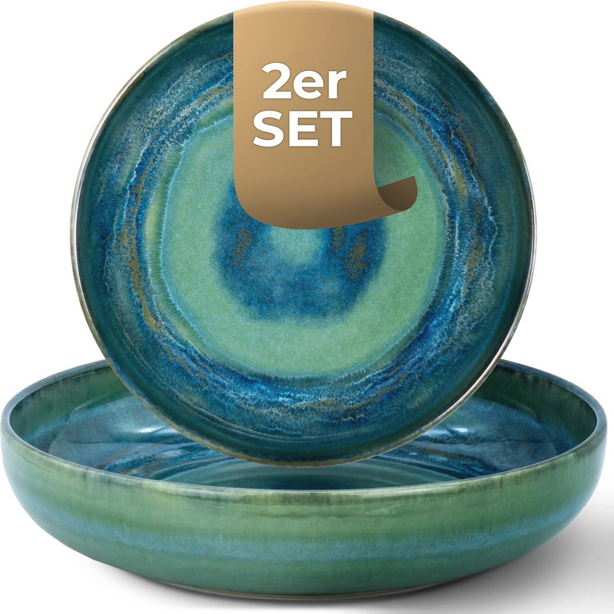 Diepe borden set van 2 - 22 cm - Groen en Blauw Aardewerk
