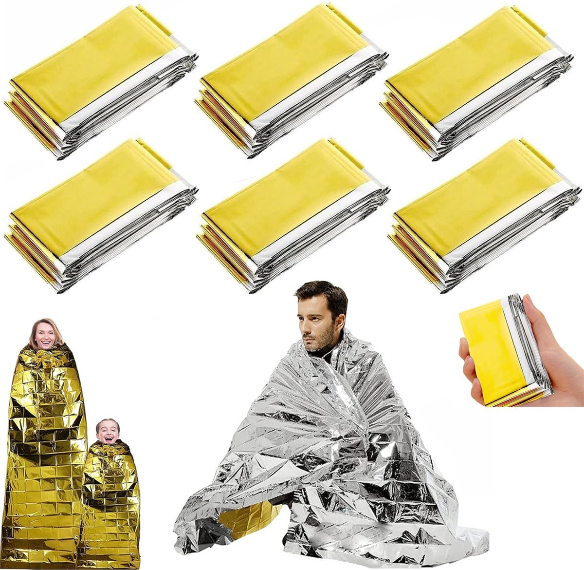MDUG 6-delige overlevingsdekenset - Warme nooddeken - Afmeting 210 x 160 cm - Goud aan de ene kant, zilver aan de andere - Herbruikbaar - Geschikt voor kamperen, wandelen en eerste hulp.