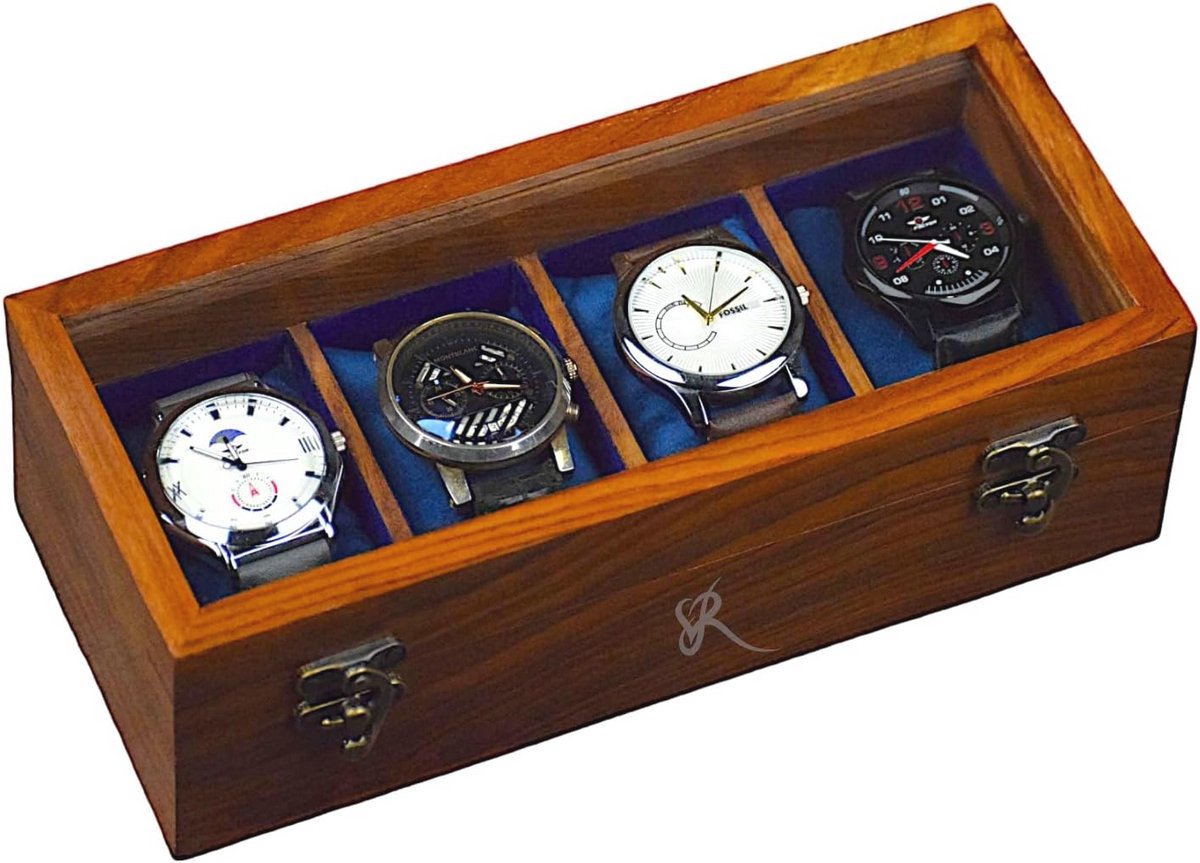 Elegante Houten Horlogedoos voor Mannen met Glasdeksel en 4 Kussens - Perfect Cadeau