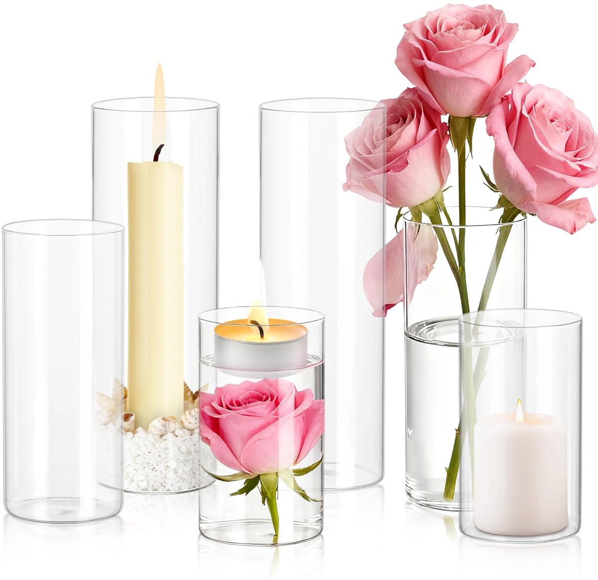 IMPERATORIS® Glazen Vazen / Glazen Flessen – Mini Decoratieve Vaas Flesjes – Helder Glas – Inclusief Strik – 6 Stuks – Tot 20 cm – Transparant