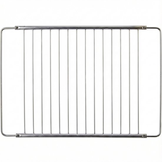Zilverkleurig metalen ovenrooster met parallelle spijlen, geïntegreerd in een rechthoekig frame.