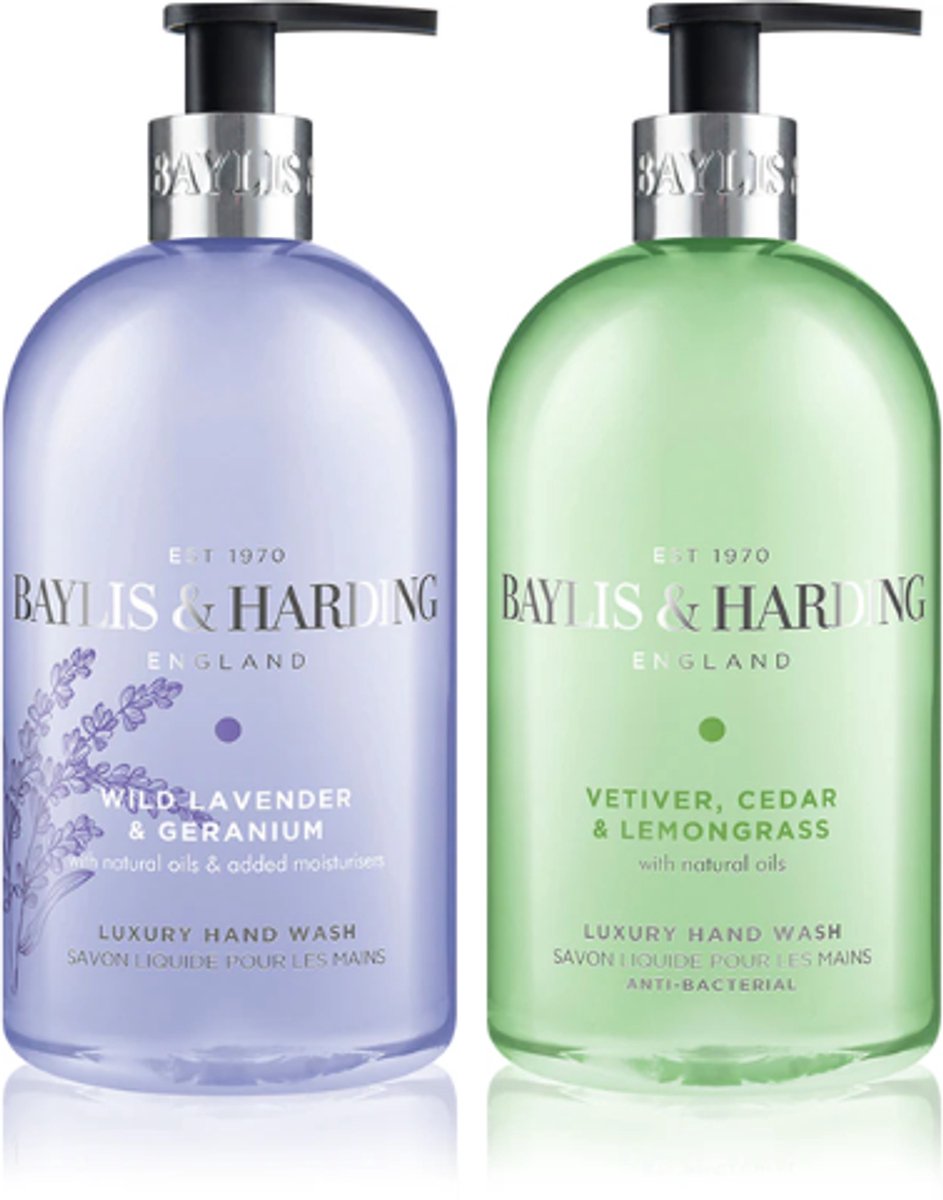 Baylis & Harding Handzeep - England est. 1970 Multipack | 2x 500 ml - Wilde Lavendel & Geranium - Vetiver, Cedar & Lemongrass | Luxe Vloeibare Handzeep - Set van 2