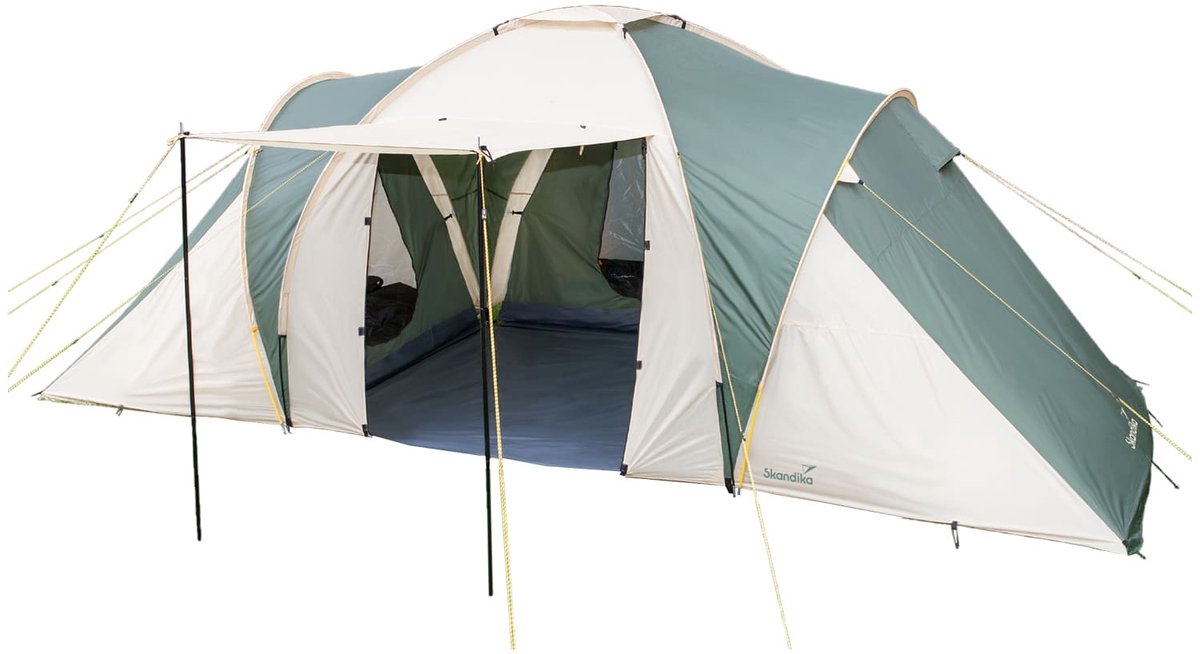 Skandika Daytona 6 Tent – Koepeltenten – 6 persoons tent – Muggengaas – 195 cm stahoogte – Familietent met 3 slaapcabines – 530 x 370 x 195 cm (L x B x H) - 3000 mm waterkolom – Kampeertent voor familie en vrienden – Kamperen – groen/beige