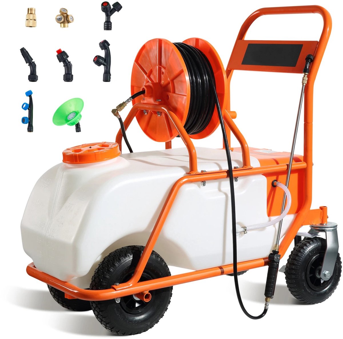 Gazonsproeier - Druksproeier op Wielen - Tankwagensproeier - Onkruidspuit - Tuinspuit - Sproeimachine - Druksproeier - Tuinsproeier - Accu Sproeier - Sproeiwagen met Slanghaspel - 60 Liter Tank - 90 PSI Druk - Met Accu en 8 Sproeikoppen