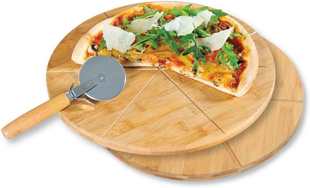 Pizzabord met Pizzasnijder Set van Bamboe - Ø 32 cm, Dikte 1 cm - Geschikt voor Thuisgebruik