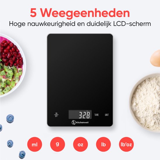 Kitchenwell Digitale Precisie Keukenweegschaal – Weegschaal Keuken - 1gr - 15kg – Tarra Functie - USB Oplaadbaar - Zwart