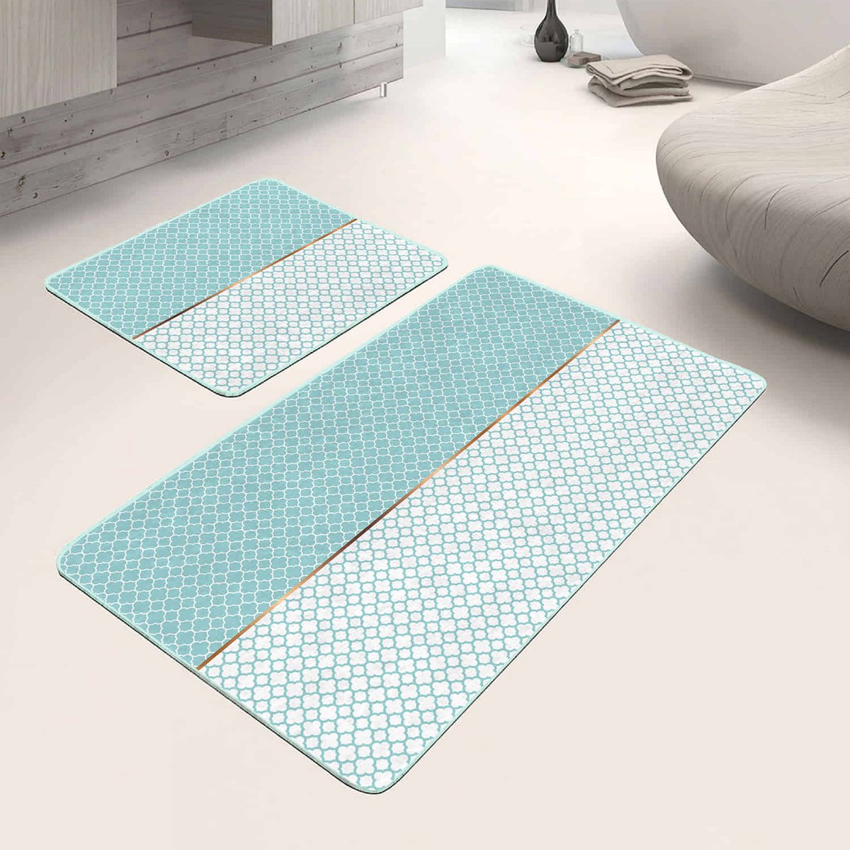 Boraboi® Badmat antislip 2 stuk set- Badmatten 60x100cm en 50x60cm,(Groen,wit)